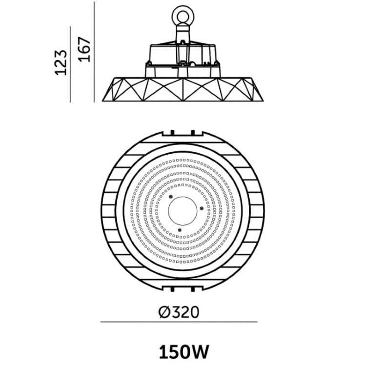High Bay LED ANICA 150W 4000K IP65 90° DALI Kobi Pro wymiary