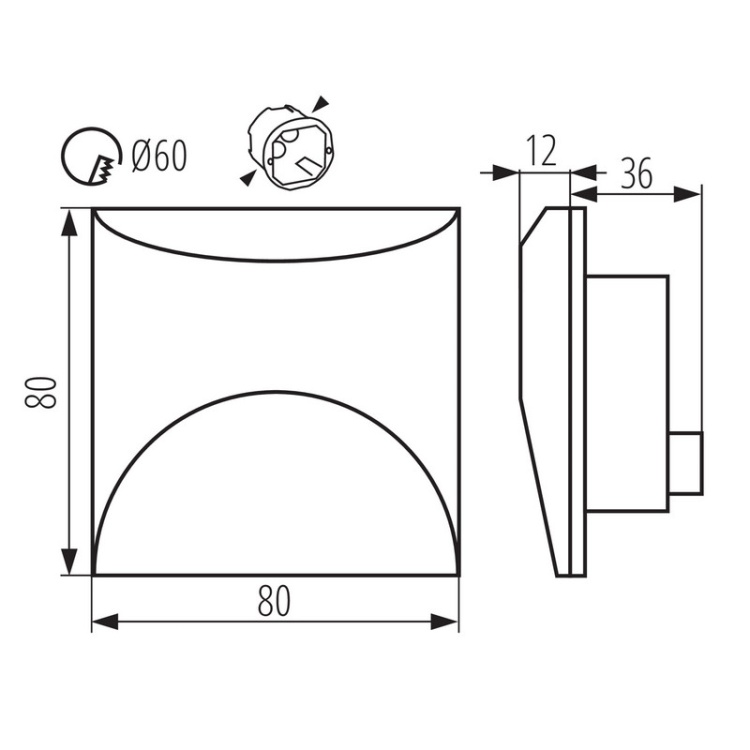 Oprawa przyschodowa LED EXIN 2.5W 4000K 50lm szara kwadratowa IP65 Kanlux 39140 wymiary