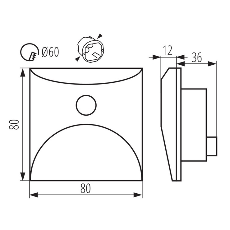 Oprawa przyschodowa LED EXIN 2.5W 4000K 50lm z czujnikiem PIR szara kwadratowa IP65 Kanlux 39143 wymiary
