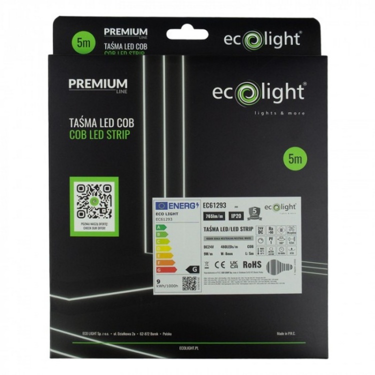 Taśma LED COB biała neutralna 24V 9W/m 765lm/m IP20 5m CUT-CUT opakowanie