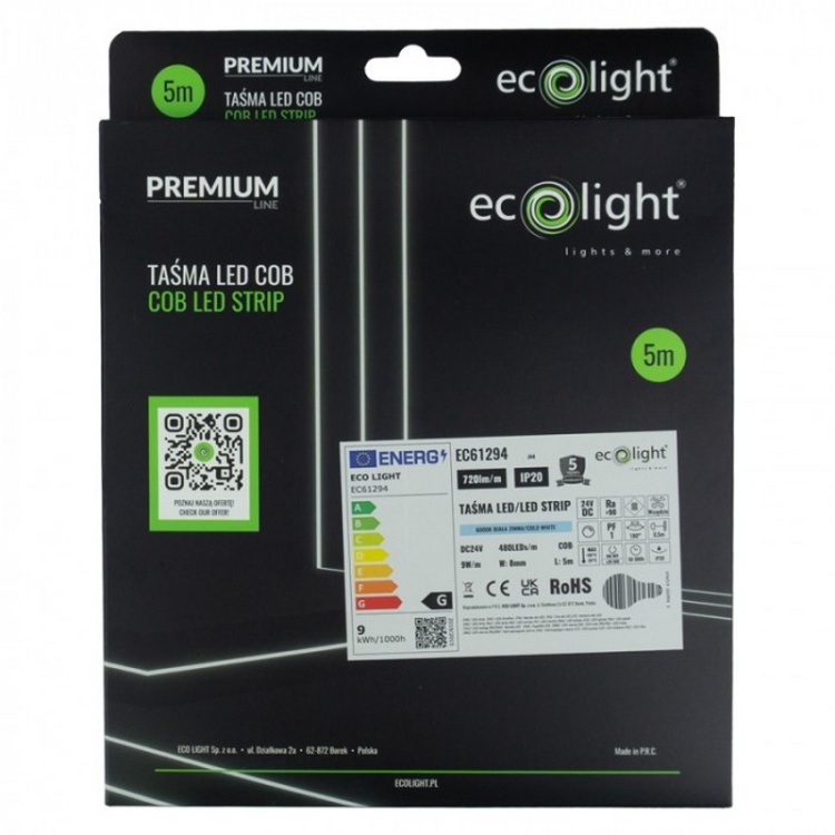 Taśma LED COB biała zimna 24V 9W/m 720lm/m IP20 5m CUT-CUT opakowanie