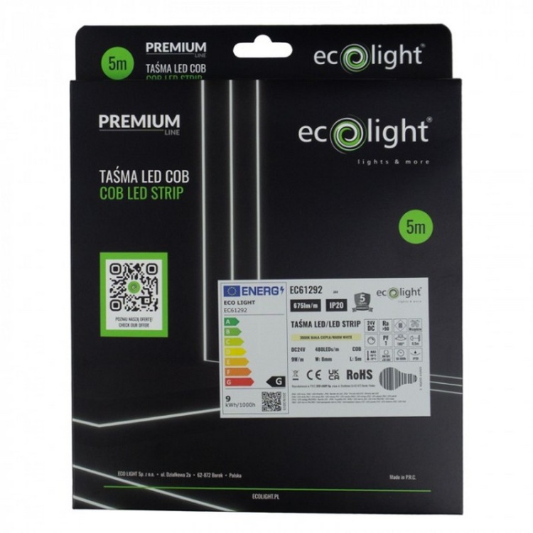 Taśma LED COB biała ciepła 24V 9W/m 675lm/m IP20 5m CUT-CUT opakowanie
