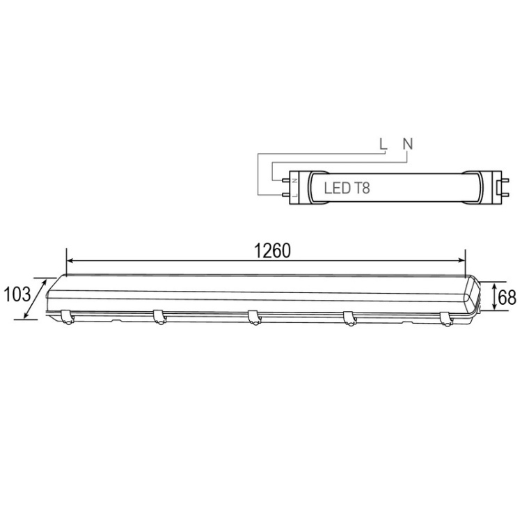 Oprawa hermetyczna TRUST IP65 + 2x LED TUBE OSRAM 4000K 3600lm 220° IP65 wymiary