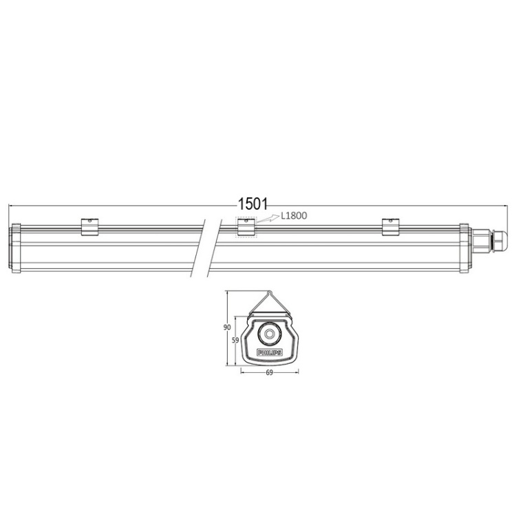 Oprawa hermetyczna LEDINAIRE 46W 4000K 5600lm WT060C LED56S/840 PSU L1500 BN IP66 Philips wymiary