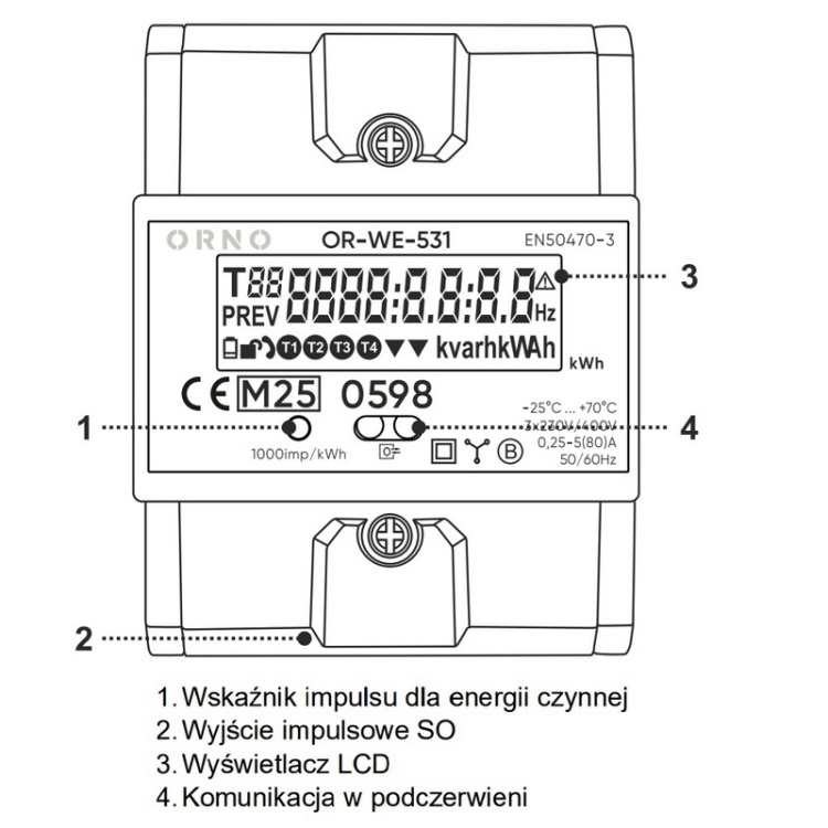 Licznik energii elektrycznej 3-fazowy OR-WE-531 80A MID 4.3 modułu DIN Orno schemat