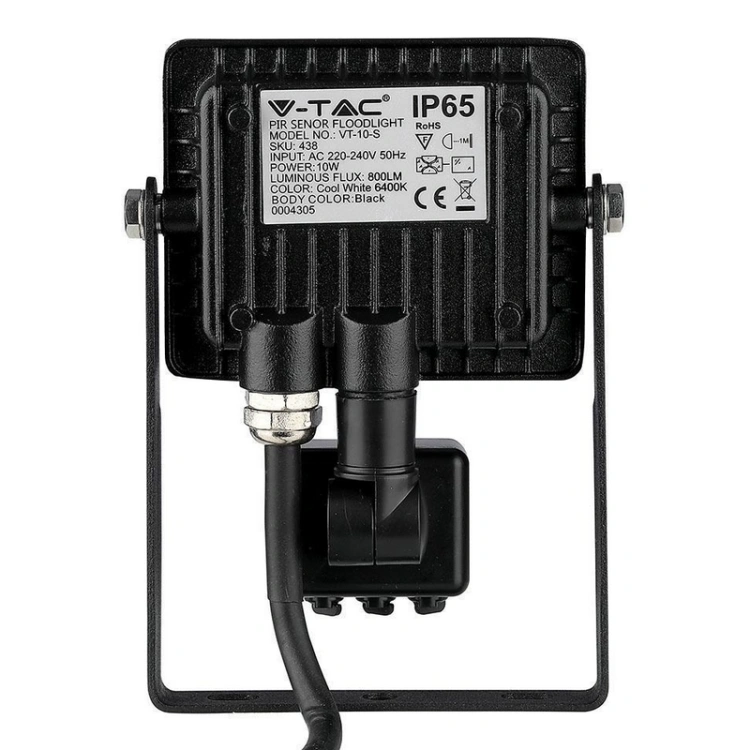 Naświetlacz LED V-TAC VT-10-S-B 10W 6400K 800lm IP65 IK05 z czujnikiem ruchu i funkcją Cut-OFF tył