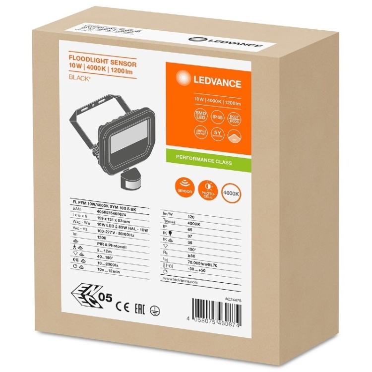 Naświetlacz LED FL PFM 10W 4000K SYM 100 S BK 1200lm IP65 z czujnikiem Ledvance opakowanie