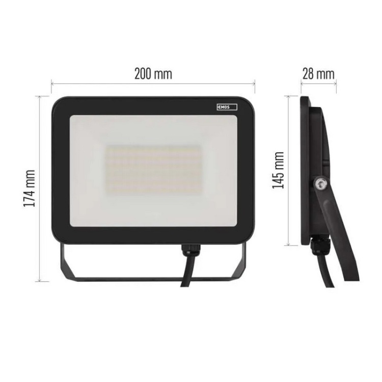 Naświetlacz LED PROFI 50W neutralna biel 4000K 5500lm IP65 Emos ZS2642 wymiary