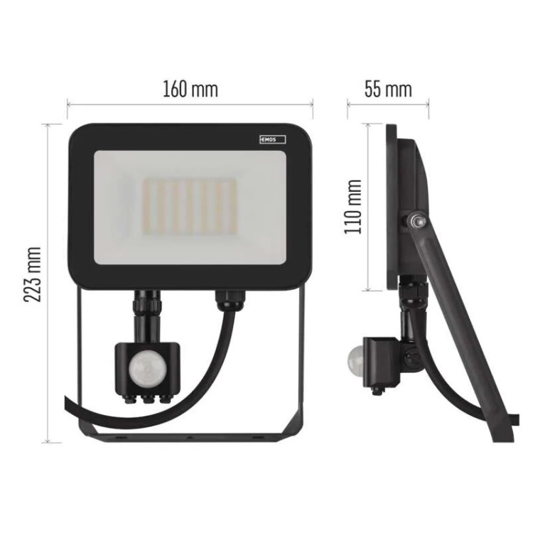 Naświetlacz LED PROFI PIR ZS2732 30W 4000K 3300lm 16cm Emos wymiary