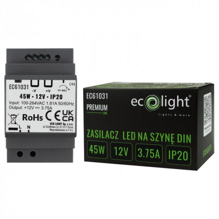 Zasilacz na szynę DIN PREMIUM 12V 45W Ecolight EC61031