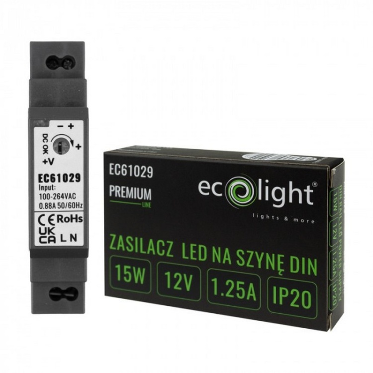 Zasilacz LED PREMIUM DIN 12V 15W IP20 zestaw – ECOLIGHT