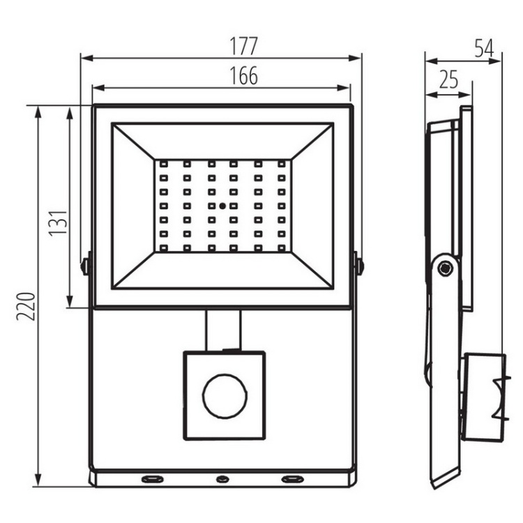 Naświetlacz LED GRUN NV LED-50-B-SE 50W 4000K 4500lm IP44 z czujnikiem ruchu wymiary – MiLEDo
