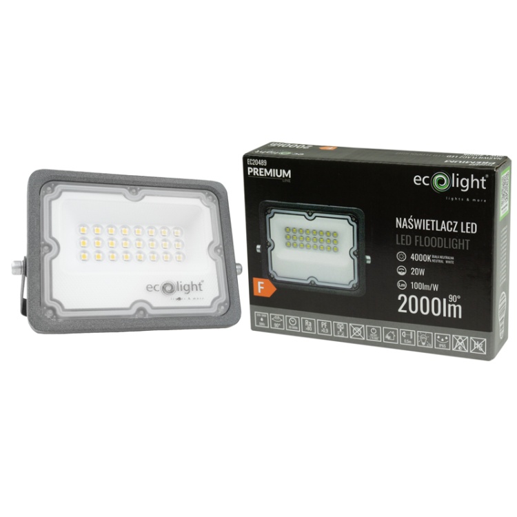 Naświetlacz LED PREMIUM 20W 4000K 2000lm IP65 90° EC20489 ECOlight klasa energetyczna F