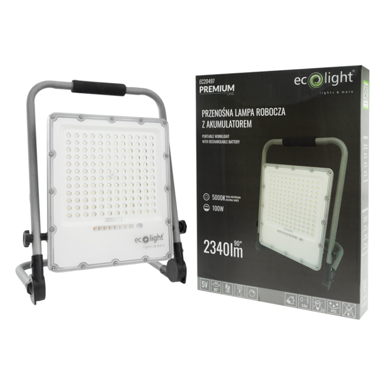 Naświetlacz przenośny LED 100W 5000K 2340lm IP65 90° EC20497 ECOlight z akumulatorem