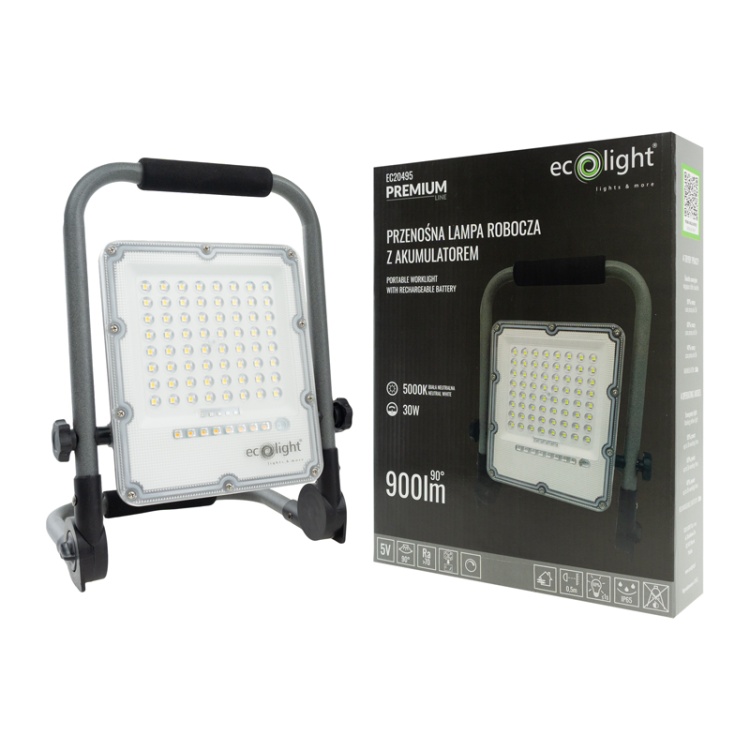 Naświetlacz przenośny LED 30W 5000K 900lm IP65 90° EC20495 ECOlight z akumulatorem