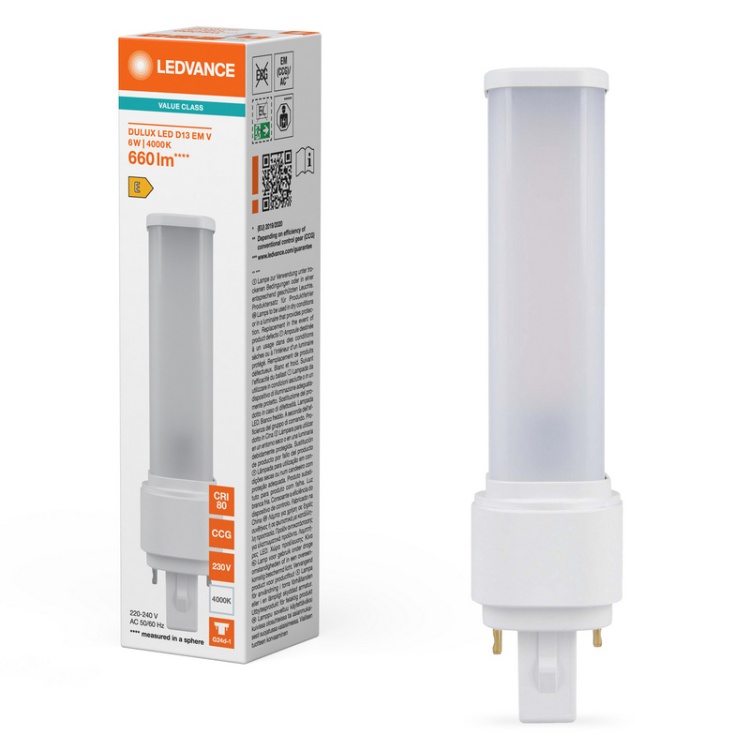 LEDVANCE DULUX D13 6W 4000K 660lm G24d-1 – świetlówka LED PL-C