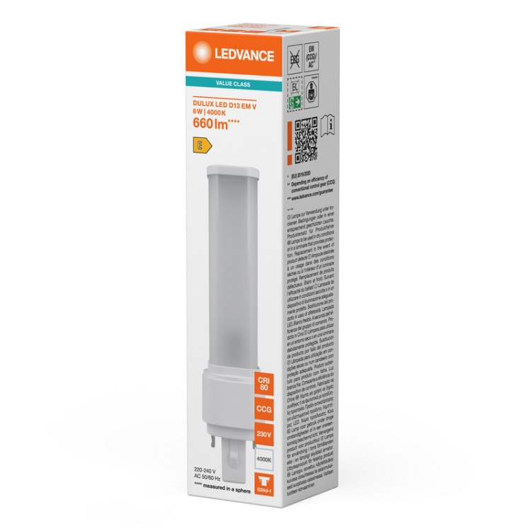 Świetlówka LED DULUX D13 6W=13W 2P G24d-1 4000K 660lm biała neutralna EM/230V Ledvance opakowanie