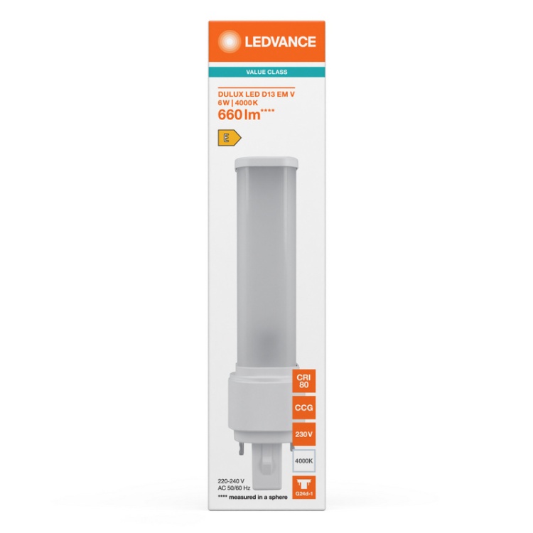 Świetlówka LED DULUX D13 6W=13W 2P G24d-1 4000K 660lm biała neutralna EM/230V Ledvance opakowanie przód