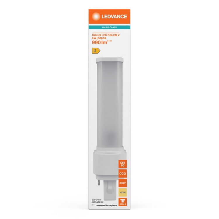 Świetlówka LED LEDVANCE DULUX LED D26 EM & AC MAINS VALUE 9W 3000K 990lm G24D-3 – zamiennik CFL 26W opakowanie