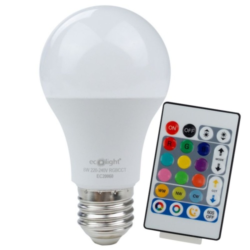 Żarówka LED na pilota CLASSIC E27 8W RGB CCT 800lm 220° Ecolight