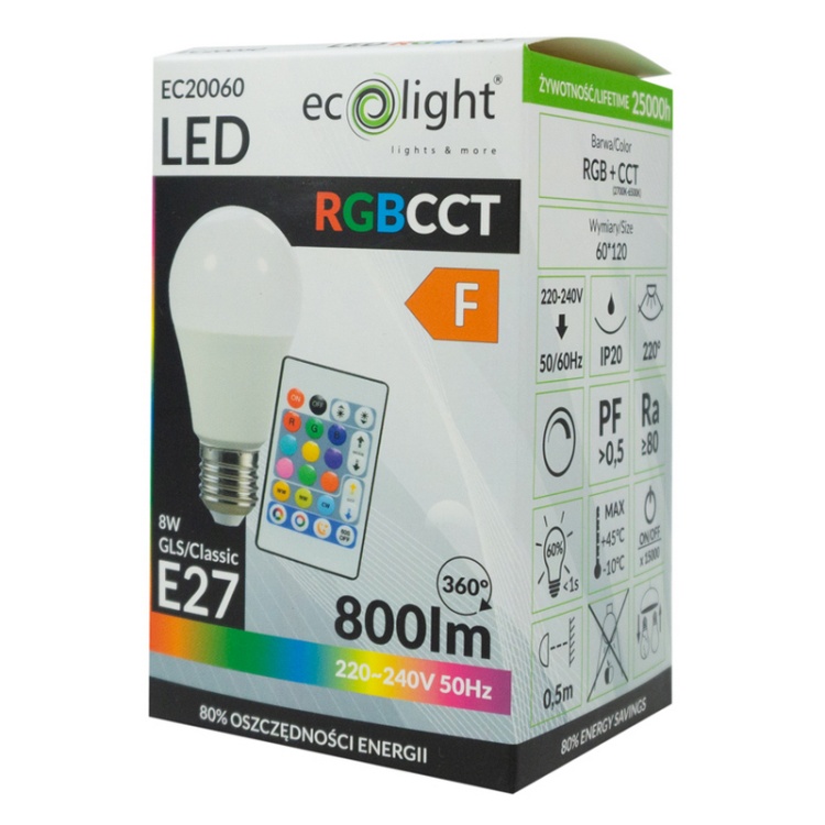 Żarówka LED na pilota CLASSIC E27 8W RGB CCT 800lm 220° Ecolight opakowanie