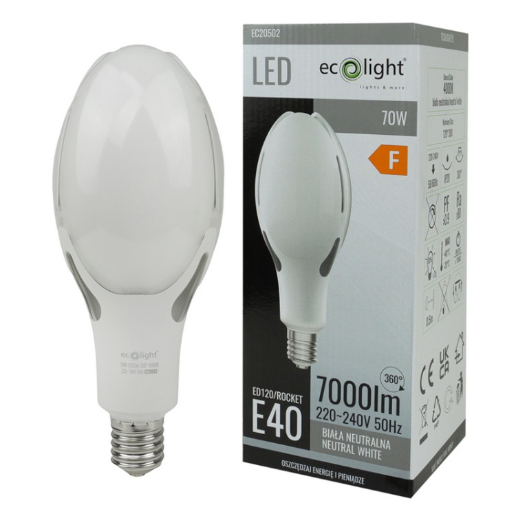 Żarówka LED przemysłowa Rocket E40 70W 4000K 7000lm 300° Ecolight - opakowanie