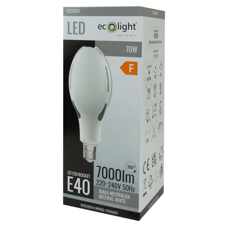 Żarówka LED Ecolight Rocket E40 70W 4000K 7000lm 300° – opakowanie