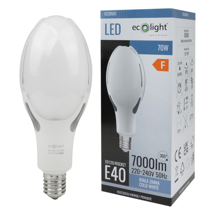 Żarówka LED przemysłowa Rocket E40 70W 6000K 7000lm 300° Ecolight