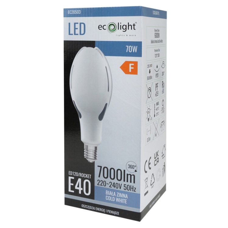 Żarówka LED przemysłowa Ecolight Rocket E40 70W 6000K 7000lm 300° chłodna barwa światła – opakowanie