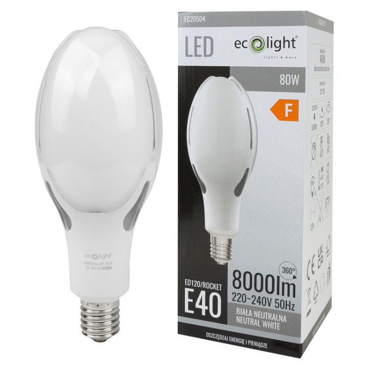 Żarówka LED przemysłowa Rocket E40 80W 4000K 8000lm 300° Ecolight