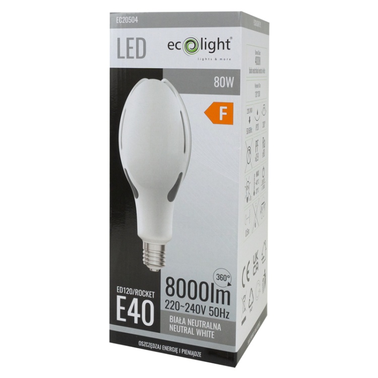 Żarówka LED przemysłowa Rocket E40 80W 4000K 8000lm 300° Ecolight opakowanie