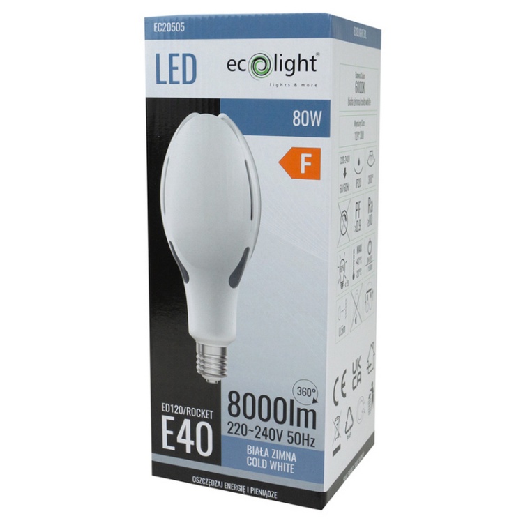 Żarówka LED przemysłowa Rocket E40 80W 6000K 8000lm 300° Ecolight opakowanie