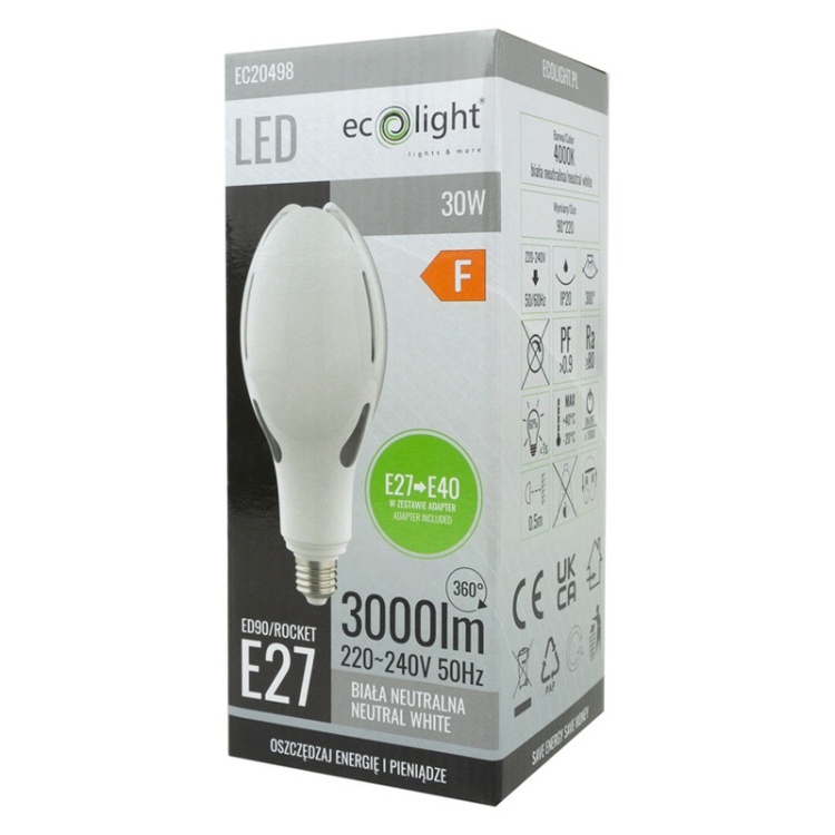 Żarówka LED przemysłowa Rocket E27→E40 30W 4000K 3000lm 300° Ecolight opakowanie