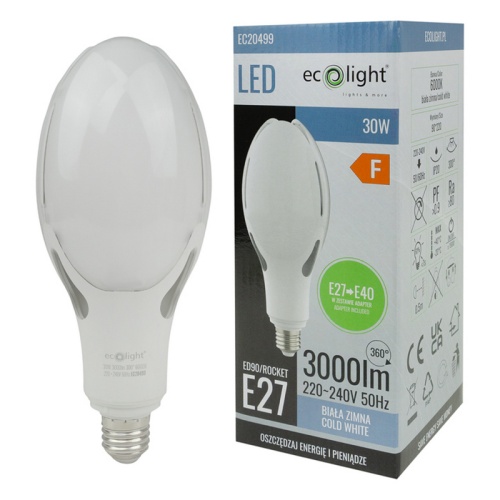 Żarówka LED przemysłowa Ecolight Rocket E27→E40 30W 6000K 3000lm 300° chłodna barwa światła – opakowanie
