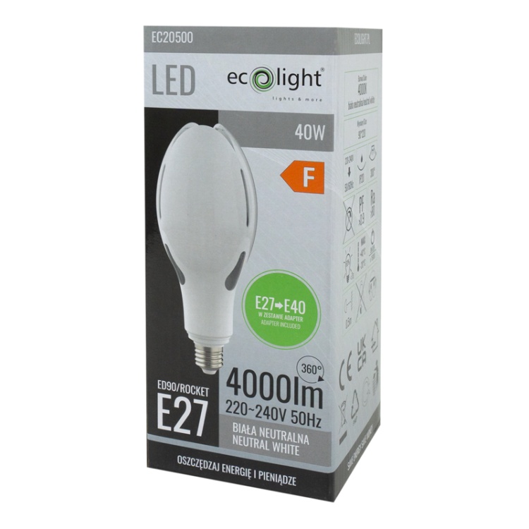 Żarówka LED przemysłowa Rocket E27→E40 40W 4000K 4000lm 300° Ecolight opakowanie