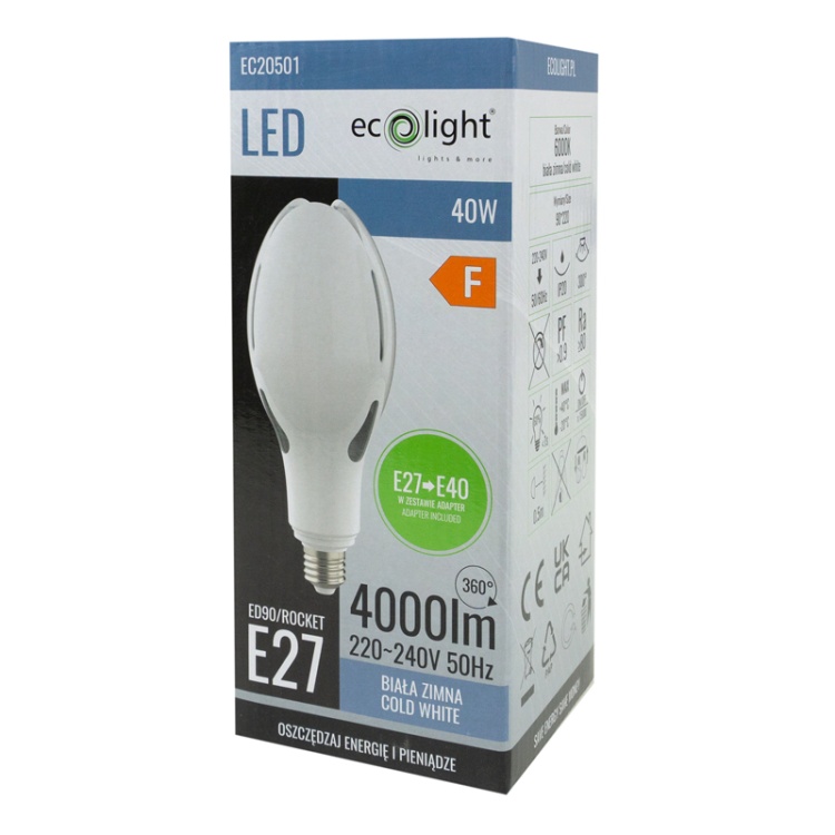 Żarówka LED przemysłowa Rocket E27→E40 40W 6000K 4000lm 300° Ecolight opakowanie
