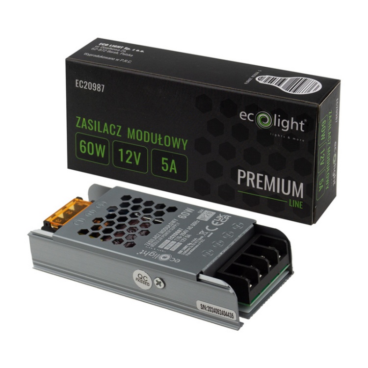 Zasilacz modułowy slim Ecolight PREMIUM 60W 12V 5A IP20 – regulacja napięcia ±5%