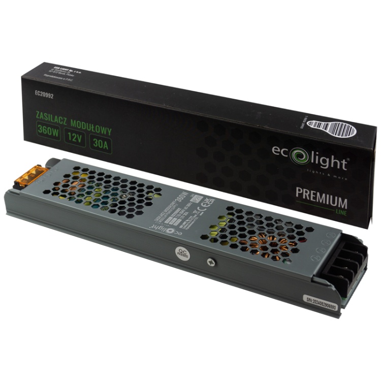 Zasilacz modułowy slim Ecolight PREMIUM 360W 12V 30A IP20 – regulacja napięcia ±5%