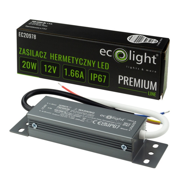 Zasilacz hermetyczny Ecolight PREMIUM 20W 12V 1,66A IP67 – wodoodporny zasilacz LED