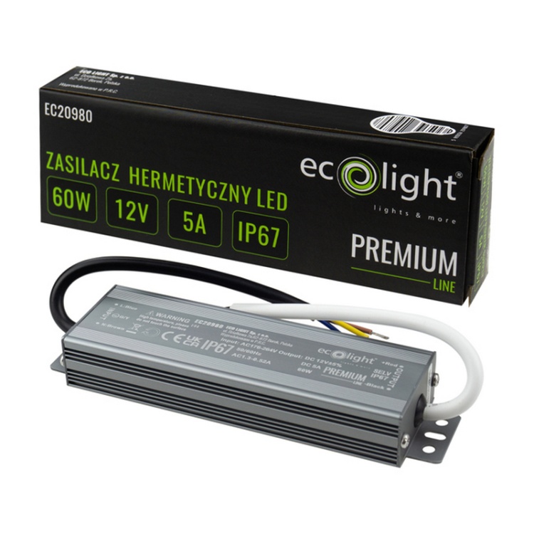Zasilacz hermetyczny Ecolight PREMIUM 60W 12V 5A IP67 – wodoodporny zasilacz LED klasy Premium