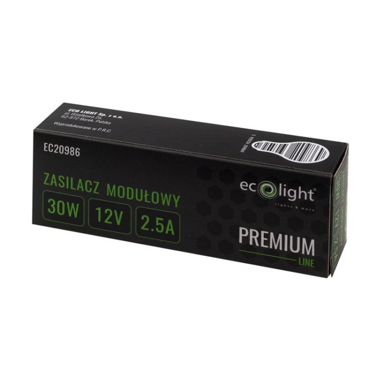 Zasilacz modułowy slim PREMIUM 30W 12V 2.5A IP20 Ecolight opakowanie
