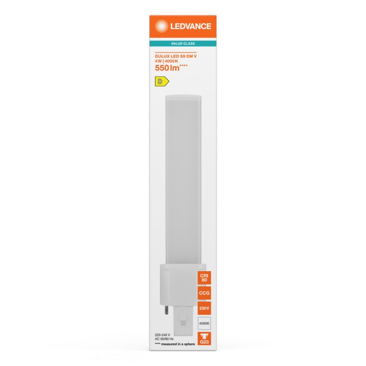 Świetlówka LED DULUX S9 4W=9W 2P G23 4000K 550lm biała neutralna EM/230V opakowanie przód – Ledvance