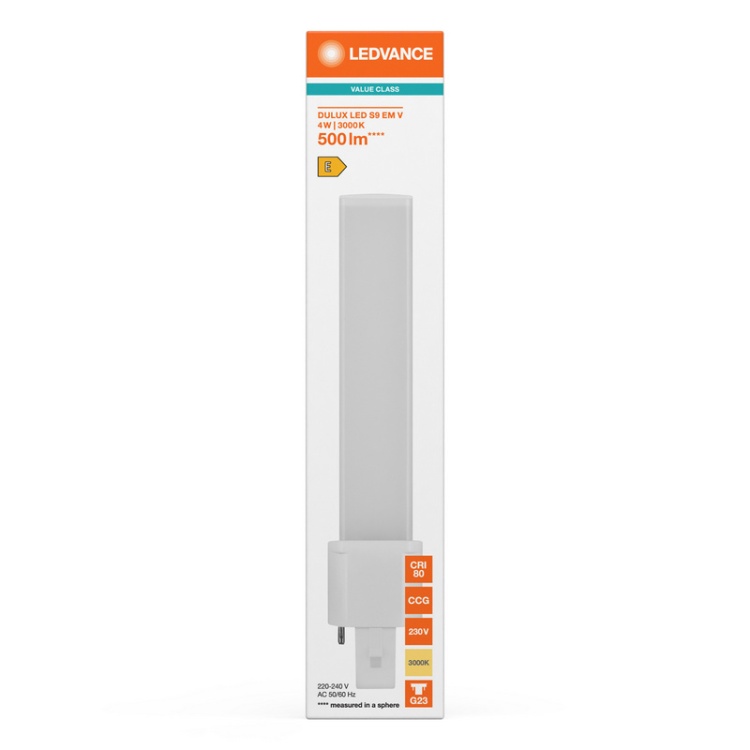 Świetlówka LED DULUX S9 4W=9W 2P G23 3000K 500lm biała ciepła EM/230V opakowanie przód – Ledvance