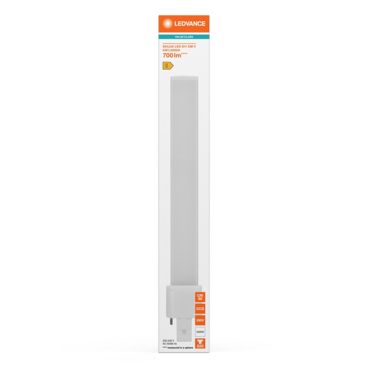Świetlówka LED DULUX S11 6W=11W 2P G23 4000K 700lm biała neutralna EM/230V opakowanie przód – Ledvance