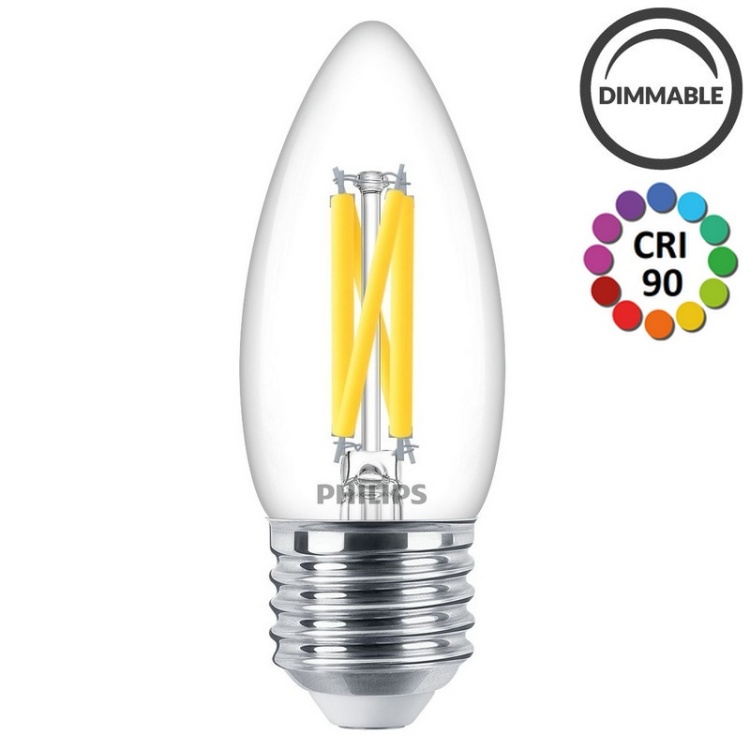 Żarówka świecowa LED PHILIPS MASTER Glass Candle 3.4W 2200–2700K 470lm E27 B35 – ciepła, ściemnialna