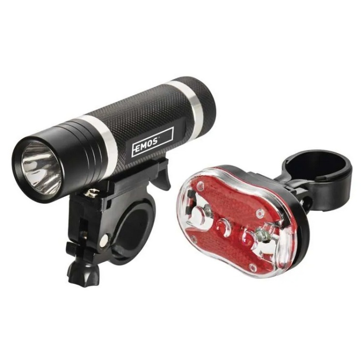 Zestaw lampek rowerowych LED EMOS P3920 150lm IP43 złożony – przednia i tylna lampka z uchwytem