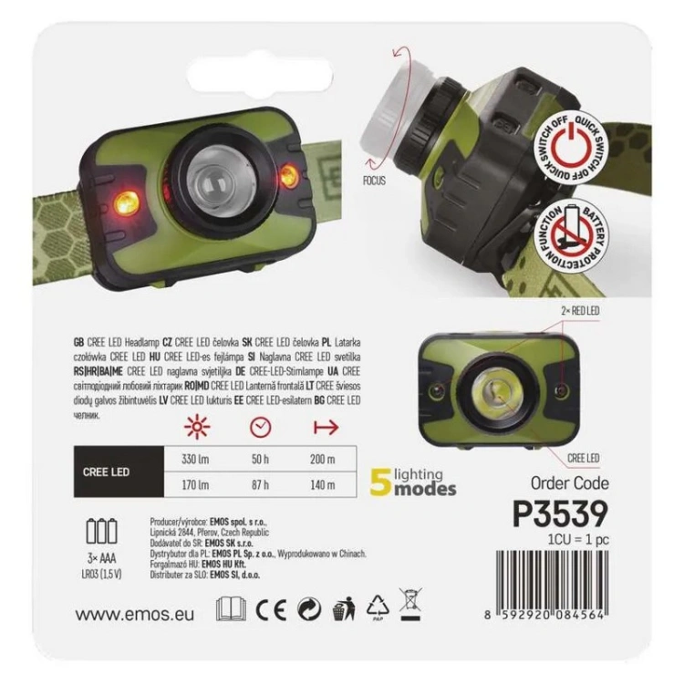 EMOS P3539 – kompaktowa latarka czołowa z zoomem opakowanie