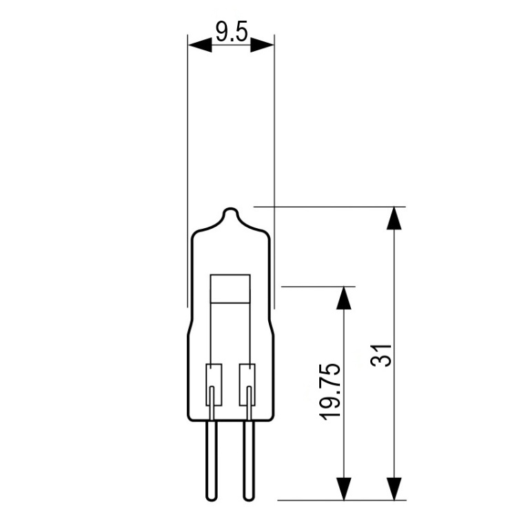 Wymiary żarówki halogenowej PHILIPS 5761 G4 – średnica 9.5 mm, długość 31 mm