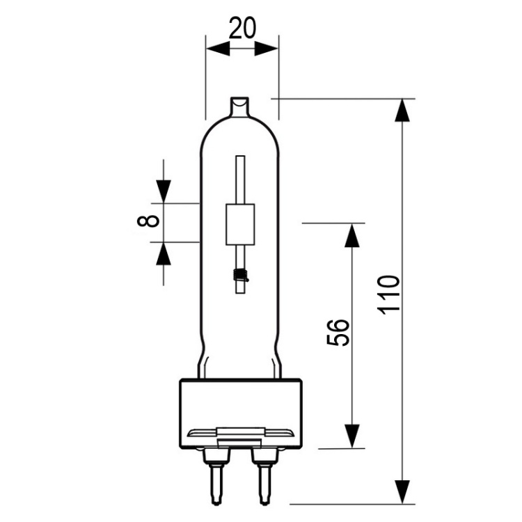 Wymiary lampy Philips CDM-T 150W/942 G12 – 20×110 mm