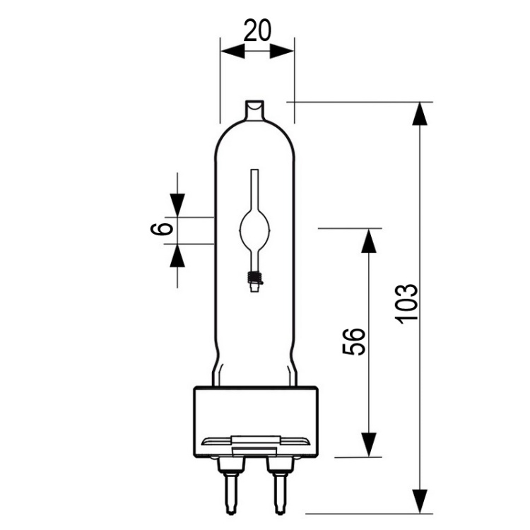 Wymiary Philips CDM-T Elite 50W/930 G12 – średnica 20 mm, długość 103 mm